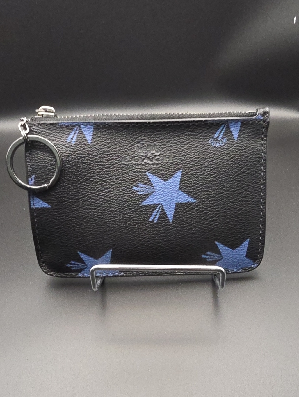 Coach Black Leather Star Zip Key Pouch with Blue Stars